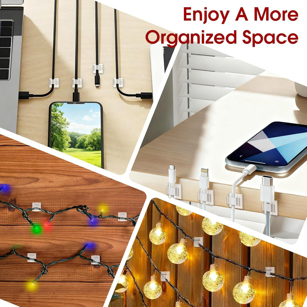 60PCS Adhesive Cable Clips, Heavy-Duty Cord Clips for Cable Management, Outdoor Christmas Light Clips Hooks, Traceless Clear Wire Holders Cord Organizer for Wall, Desk, LED, Car(Small)