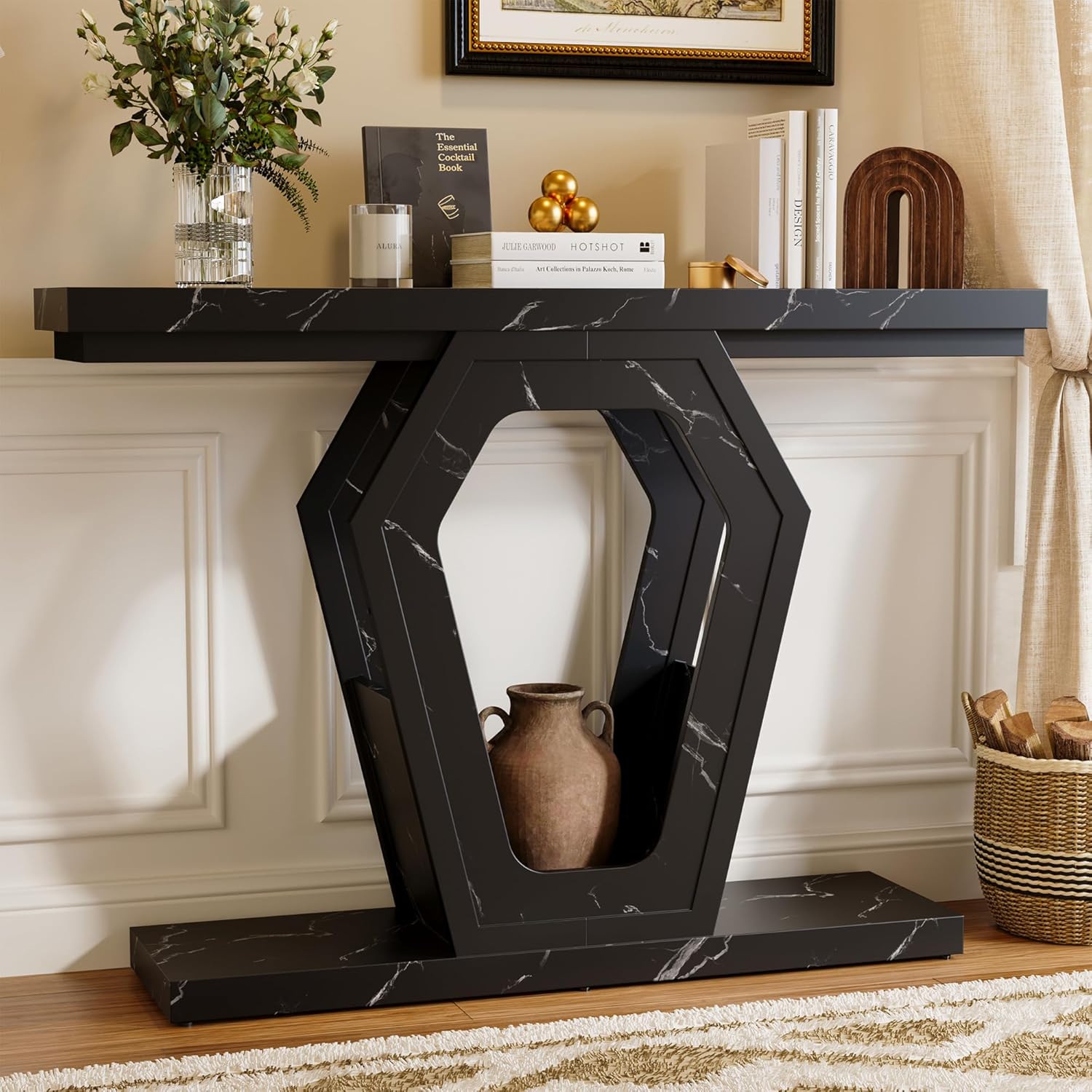 FUSUNBAO 47.3" Console Table,Openwork Bracket Sofa Table, Wood Narrow Entryway Table for Hallway, Behind The Couch, Living Room, Foyer, Easy Assembly (Black Marble Texture)