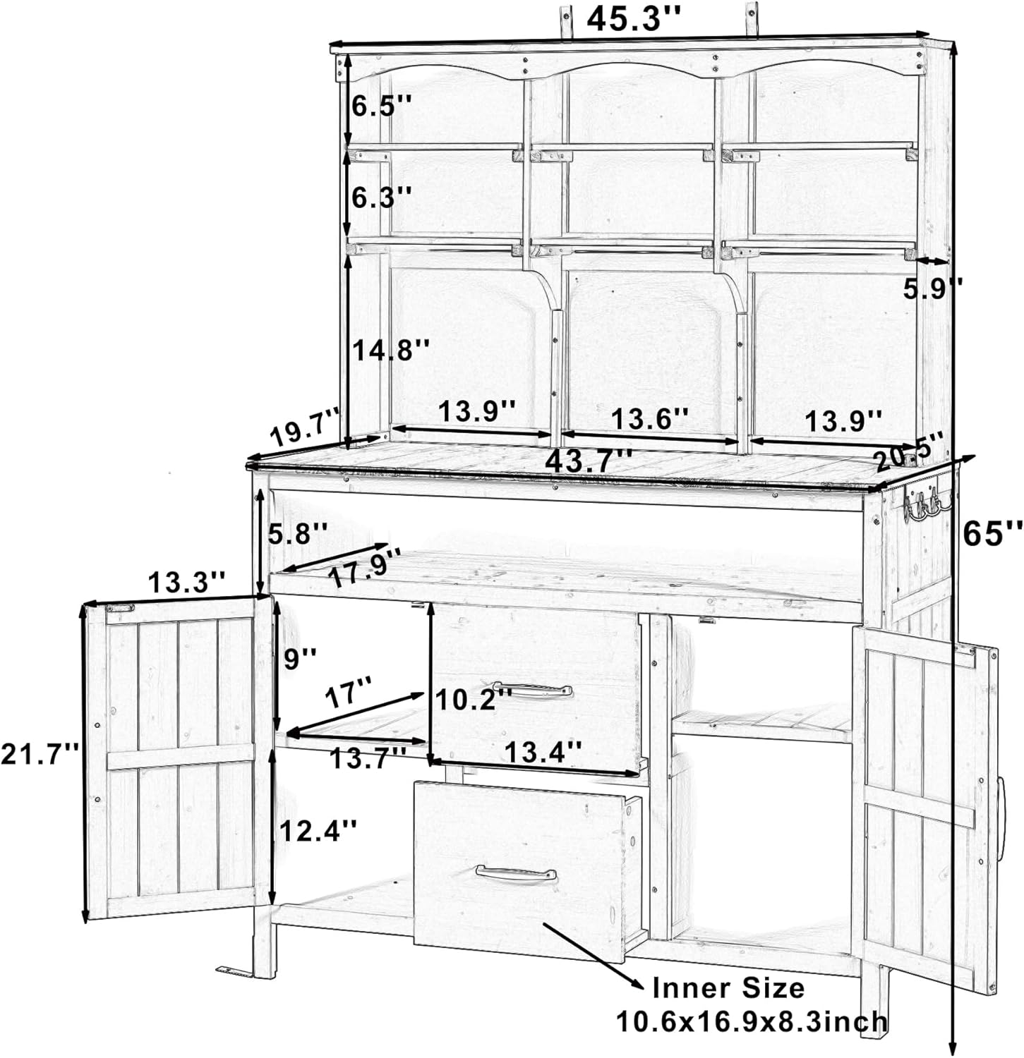 Merax 45.3" Large Outdoor Fir Wood Potting Bench with Storage, Multi-Functional Patio Kitchen Island, 6-Shelf Hutch+2 Cabinets+2 Drawers+3 Hooks, Garden Workstation for Planting, Gardening, Natural