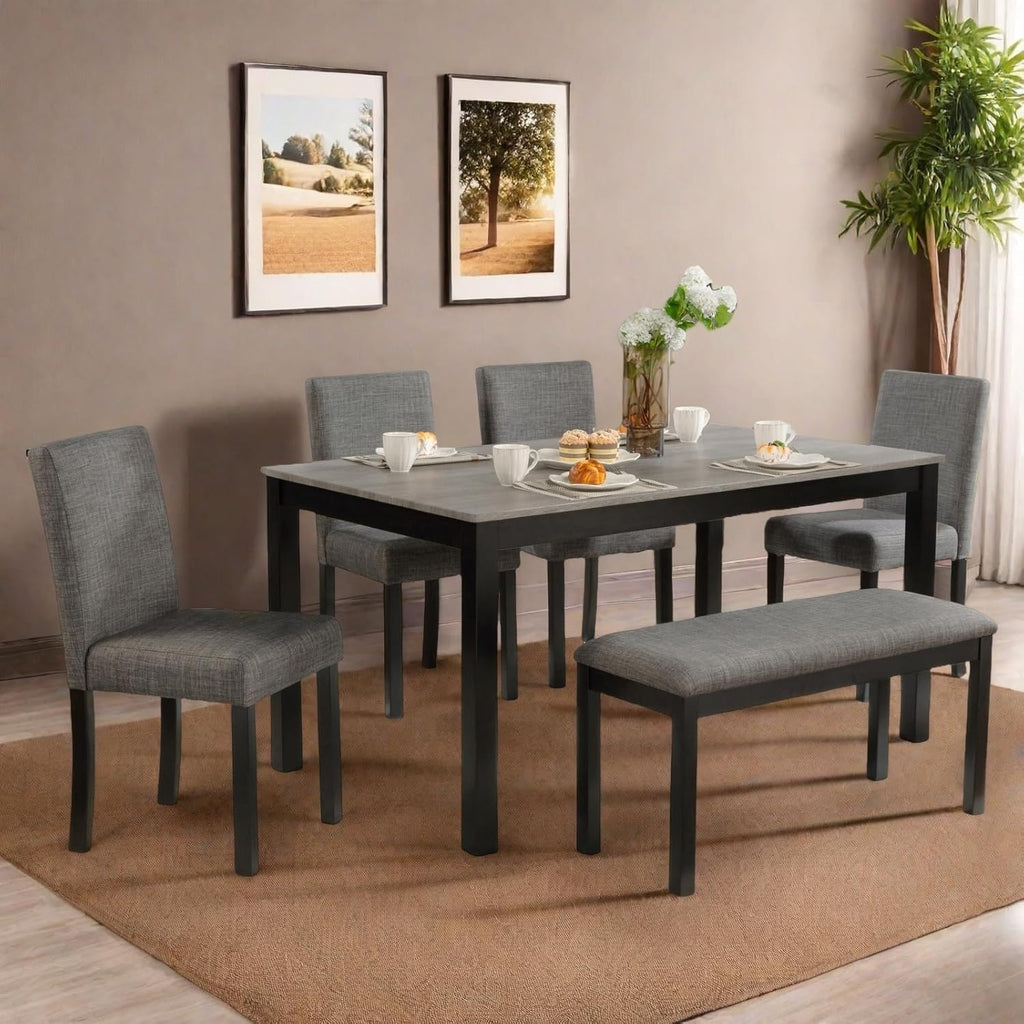 Dining Table Set for 5, Modern 6 Piece Dining Room Table Set with Rectangular Table 4 Upholstered Backrest Chairs and a Bench, Counter Height Kitchen Sets with Wood Grain Surface, Black