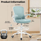Drafting Chair Tall Office Chair for Standing Desk - Ergonomic Computer Work Stool with Lumbar Support, Flip-up Arms & Foot Ring. for Studio Artist Engineer Gaming Bar Study (Light Blue)