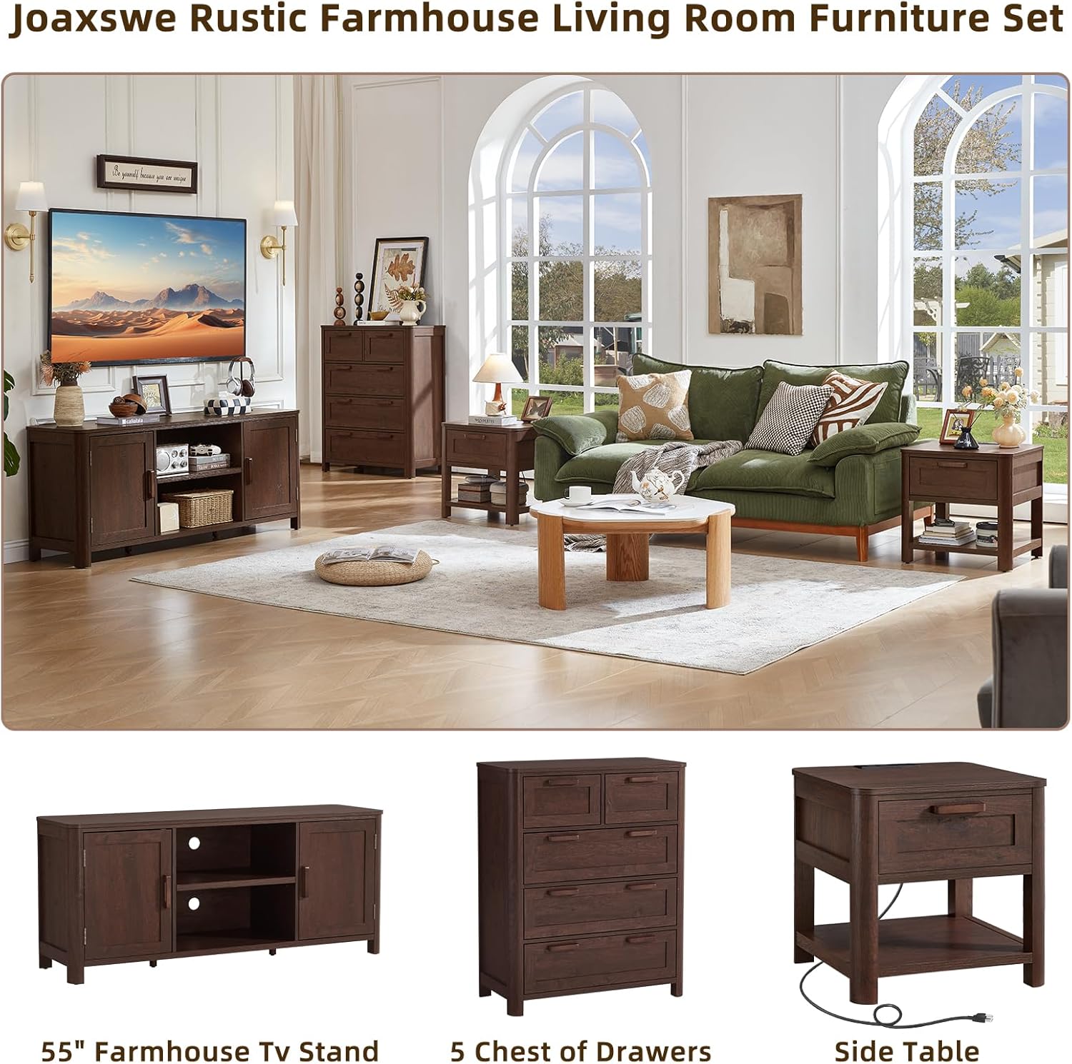 Joaxswe Farmhouse 55" Entertainment Center,Walnut Tv Stand with Adjustable Shelves & 2 Door Storage,Wooden Media Console Cabinet for TVs Up to 65 inches, Rustic Tv Stands for Living Room,Bedroom