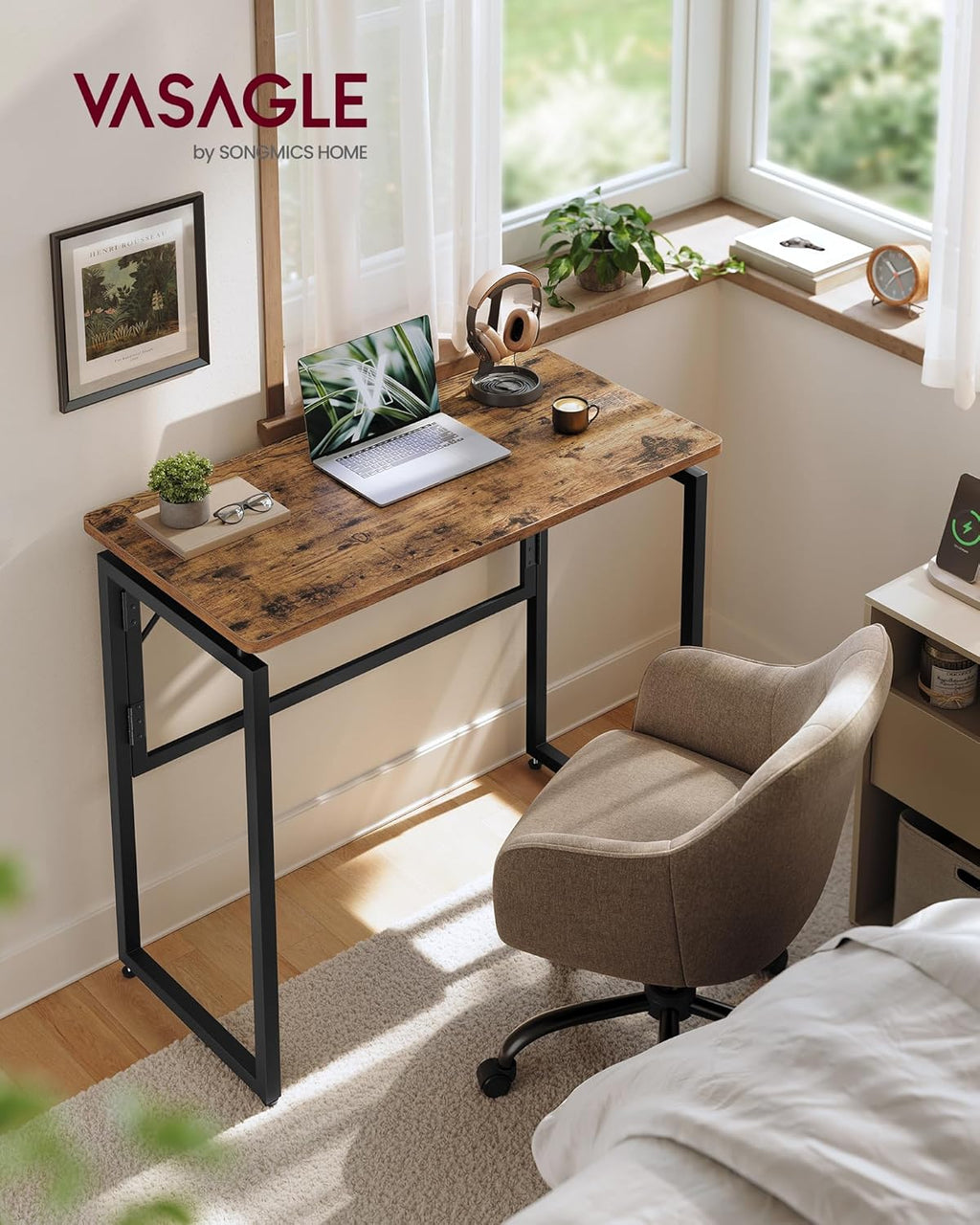 VASAGLE Folding Desk, Foldable Computer Desk, One-Piece Desktop, Rounded Edges, Small Folding Craft Table for Bedroom, Balcony, Camping, Easy Assembly, 31.5 x 15.7 Inches, Rustic Brown ULWD151KD01