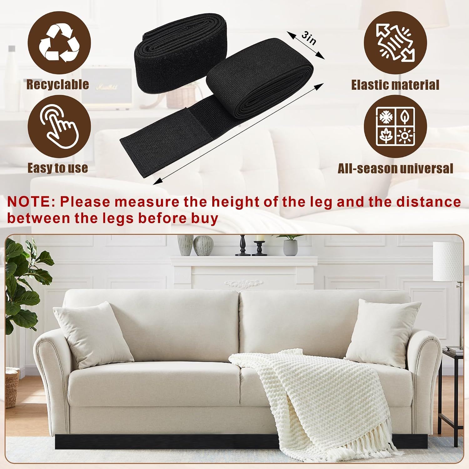 3''×132'' Adjustable Under Couch Blocker, 2 Pack Elastic Gap Guard Stopper, Furniture Barrier Block Prevent Kids Pet from Sliding Under Sofa Bed Cabinet