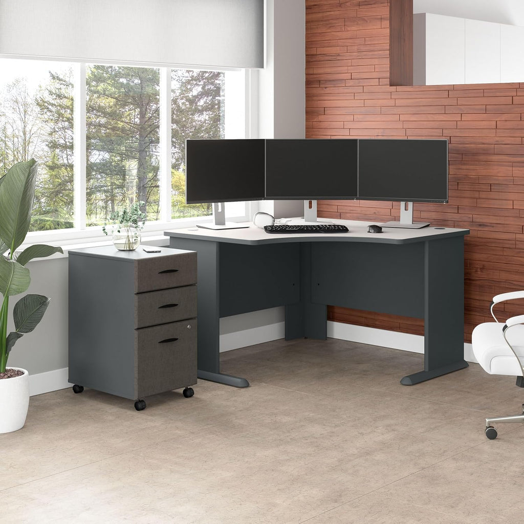 Bush Business Furniture Series A 48W Corner Desk with Mobile File Cabinet in Slate and White Spectrum