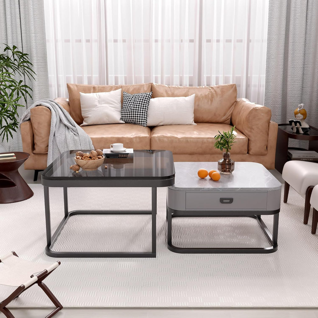 Jerry & Maggie Ø 27.5" Tempered Glass Coffee Tables for Living Room Modern Farmhouse, Square Glass Nesting Coffee Table Set of 2, Side Table 2-Piece Set