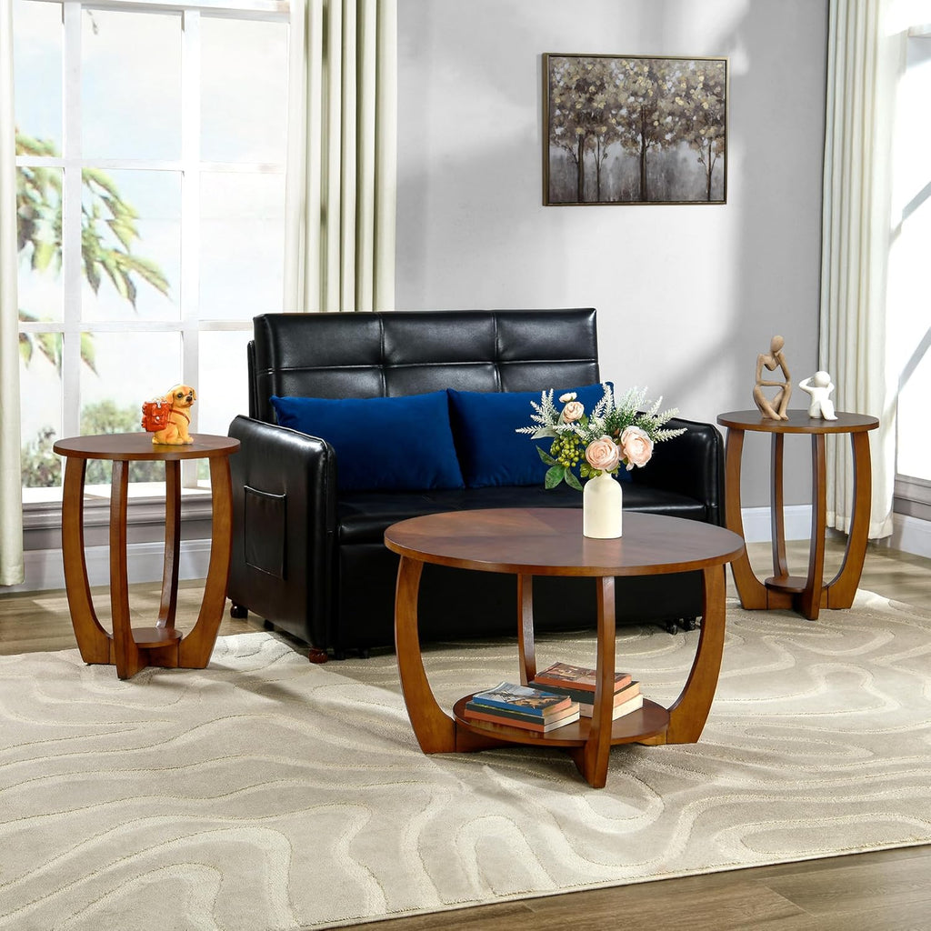 29.5" Round Coffee Table, 2-Tier Circle Coffee Table with Storage Removable Lower Shelf, Solid Wood Accent Center Table for Living Room, Curved Cross Legs & Walnut Finished, Easy Assembly, Dark Brown
