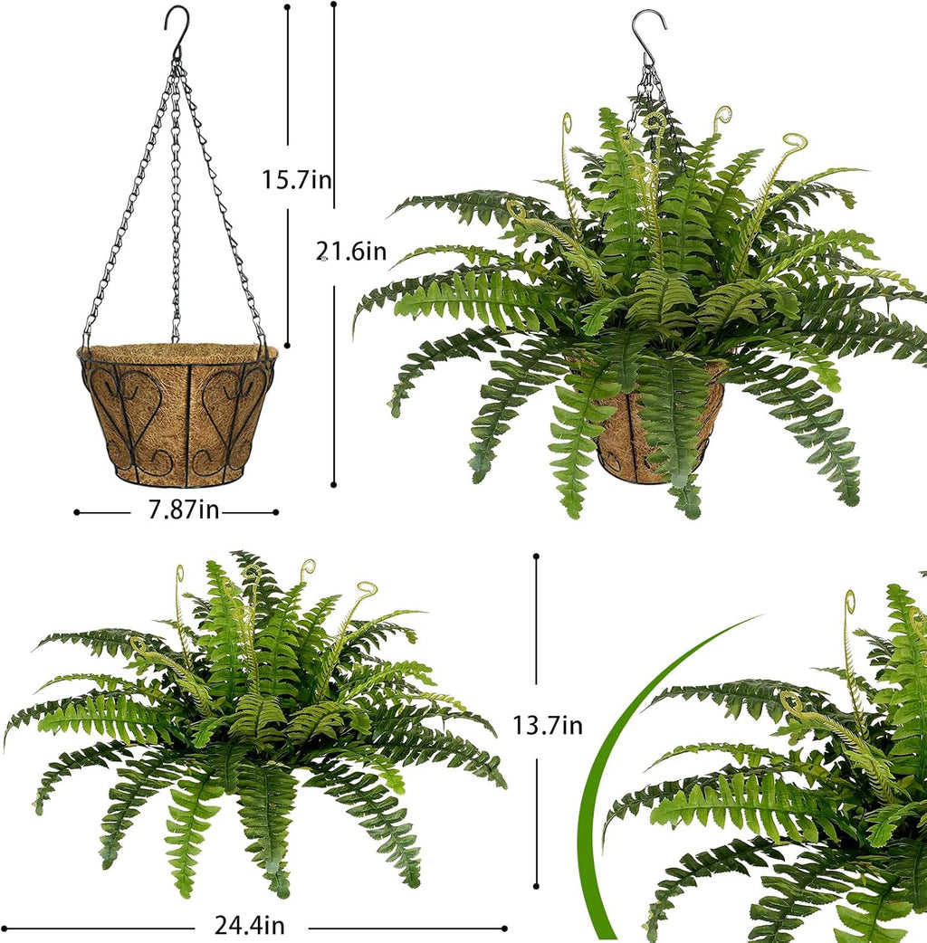 2 Set Artificial Hanging Ferns for Outdoors with Hanging Baskets, UV Resistant Artificial Outdoor Plants, Faux Ferns Outdoor Hanging Basket for Front Porch Garden