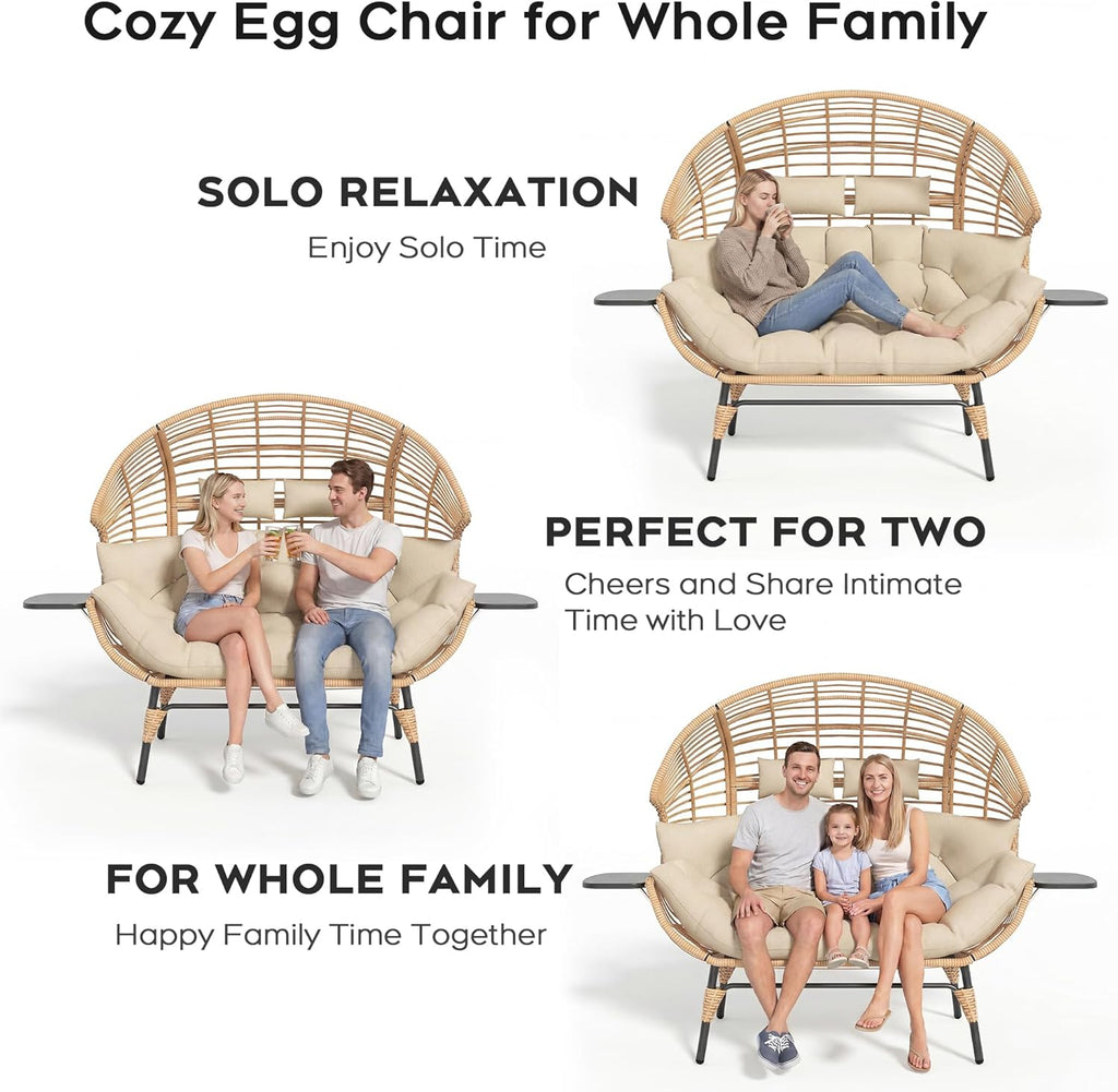 Double Wicker Egg Chair Outdoor Indoor - 2-Person Oversized Loveseat with 8" Thickened Paded Cushion - 700 lbs Weight Capacity Patio Lounge Chair for Balcony Porch Backyard (Beige Radial)