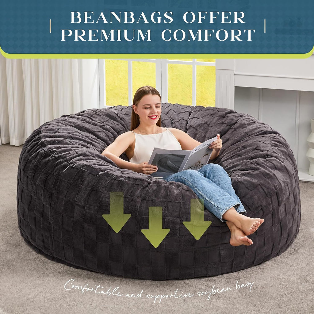Hobestluk Adults Bean Bag Chair 5FT Big BeanBag Chair Giant Large Oversized | Memory Foam,Washable Cover,Unique Fluffy Plaid,Comfy Bean Bag with Filler Lounging Gaming Bedroom Living Room | Dark Grey 5FT