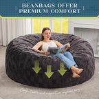 Hobestluk Adults Bean Bag Chair 5FT Big BeanBag Chair Giant Large Oversized | Memory Foam,Washable Cover,Unique Fluffy Plaid,Comfy Bean Bag with Filler Lounging Gaming Bedroom Living Room | Dark Grey 5FT