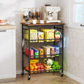 SWTYMIKI 24.4''x15.7'' Rolling Microwave Cart - 4 Tier Microwave Table Stand with 6 Storage Baskets, Coffee Bar with Wheels, Kitchen Utility Cart Shelf Rack Organizer for Vegetables, Potato, Brown
