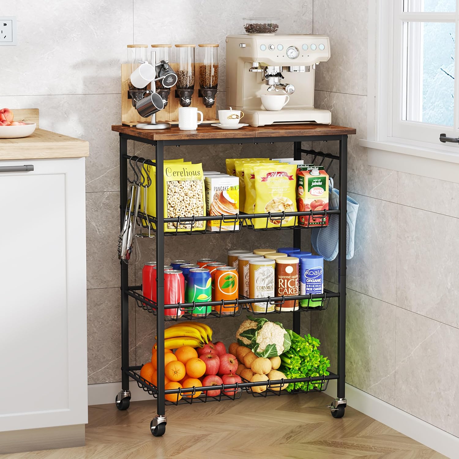 SWTYMIKI 24.4''x15.7'' Rolling Microwave Cart - 4 Tier Microwave Table Stand with 6 Storage Baskets, Coffee Bar with Wheels, Kitchen Utility Cart Shelf Rack Organizer for Vegetables, Potato, Brown