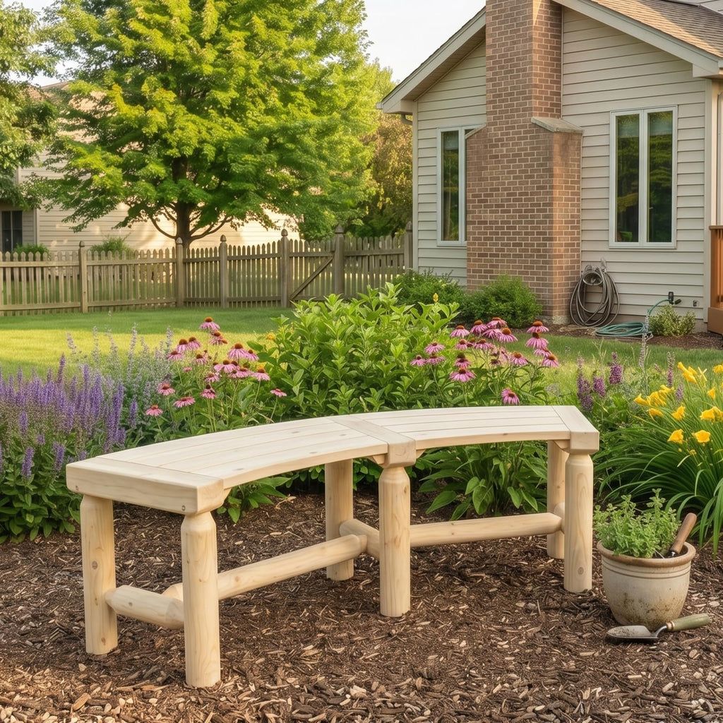 FORTUNO Outdoor Wooden Curved Backless Porch Bench Rustic Style Cedar/Fir Wood Log Fire Pit Bench for Patio Garden Deck and Backyard, 40"-54" W×13" D×16.5" H, Natural
