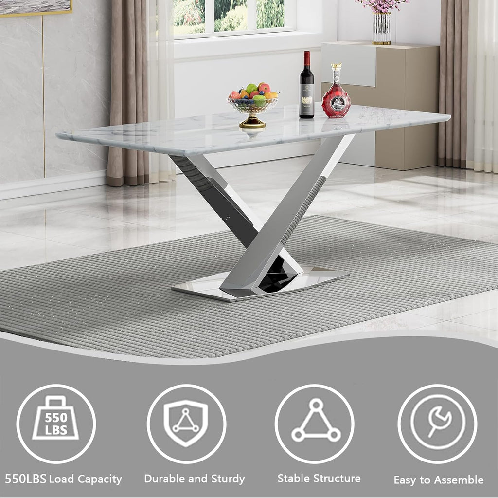 70" Faux Marble White Silver Dining Table for 6, Modern Dining Room Table with 0.71" Marble Printing MDF Top and Cross-Shaped Stainless Steel Base, Rectangular Large Kitchen Dinner Table