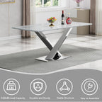 70" Faux Marble White Silver Dining Table for 6, Modern Dining Room Table with 0.71" Marble Printing MDF Top and Cross-Shaped Stainless Steel Base, Rectangular Large Kitchen Dinner Table