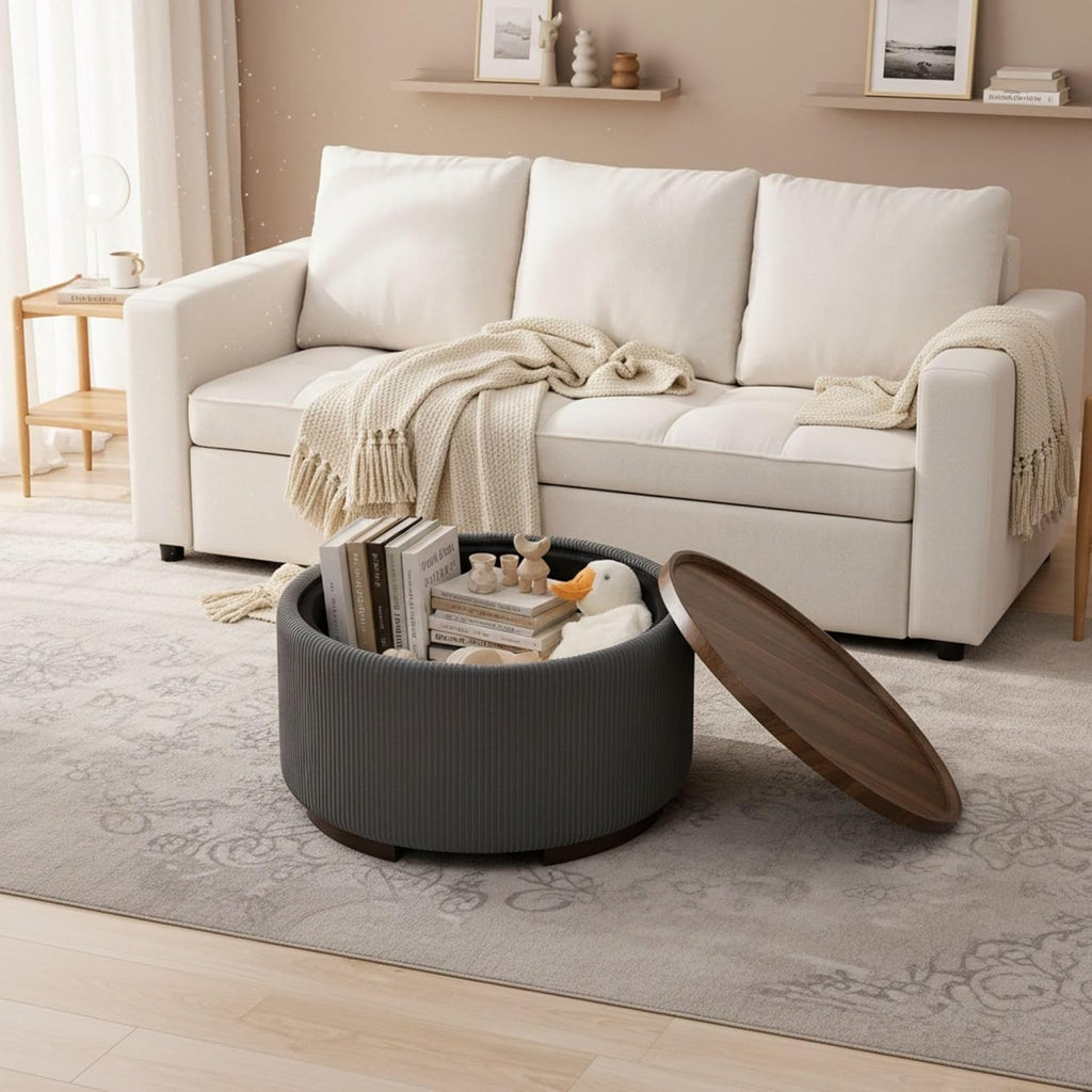29.5-Inch Round Coffee Table Ottoman with Storage, Multi-Functional Storage Ottoman and Stylish Coffee Table, Flip-Top Tray and Hidden Stow, Suitable for Living Room, Bedroom (Grey)
