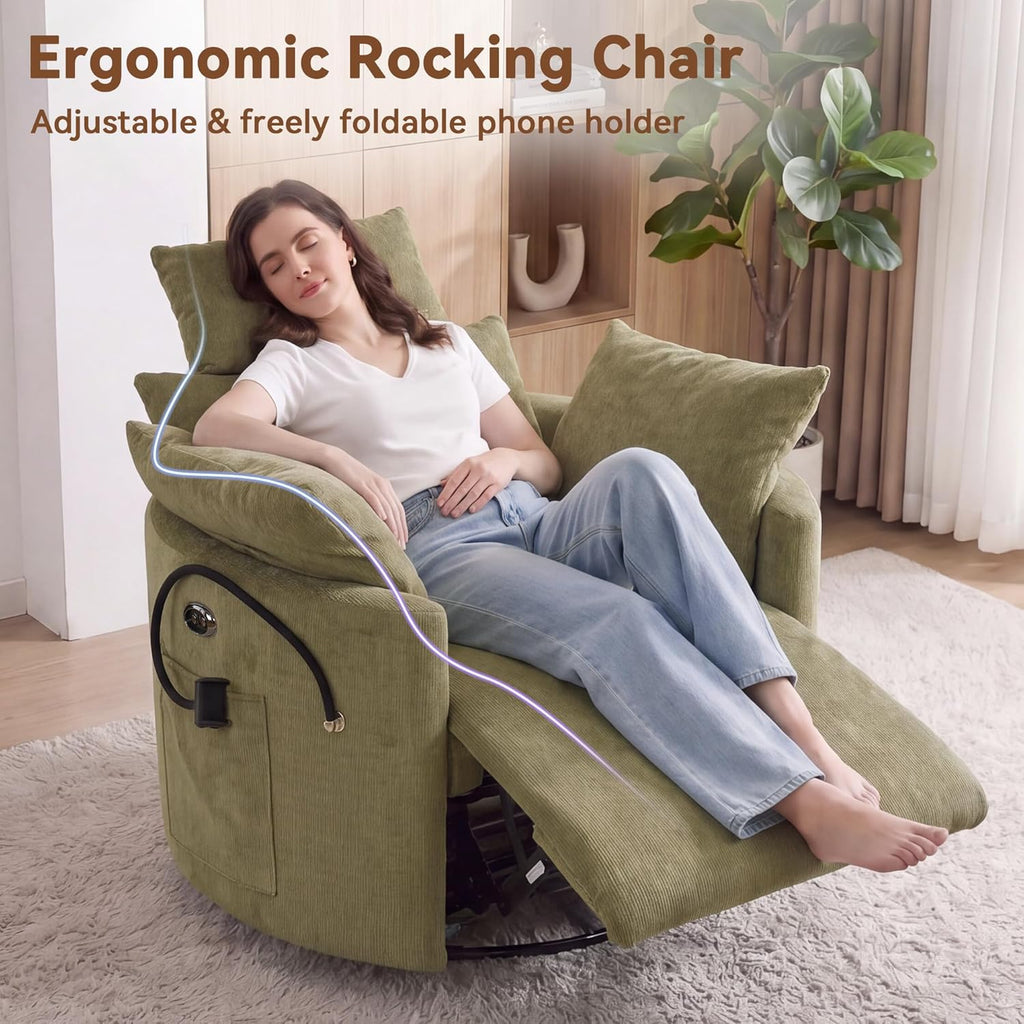 FOXHUNTER Power Nursery Rocking Chairs Glider Rocking Chair 300°Swivel Rocking Recliner with USB Charging Port and Phone Holder,Footrest&Side Pockets,for Living Room,Chenille,Green