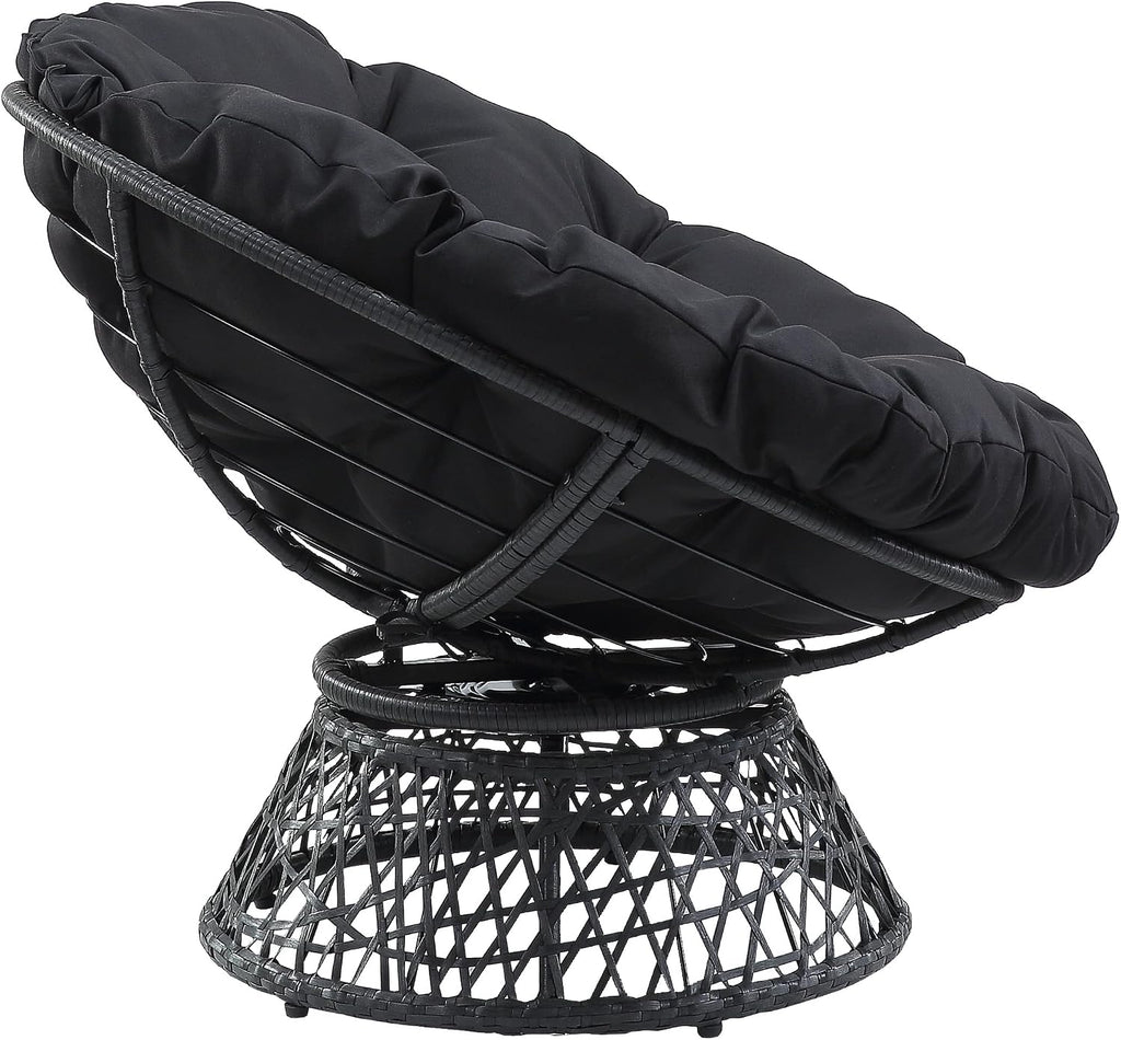 OSP Home Furnishings Wicker Papasan Chair with 360-Degree Swivel, Grey Frame with Black Cushion