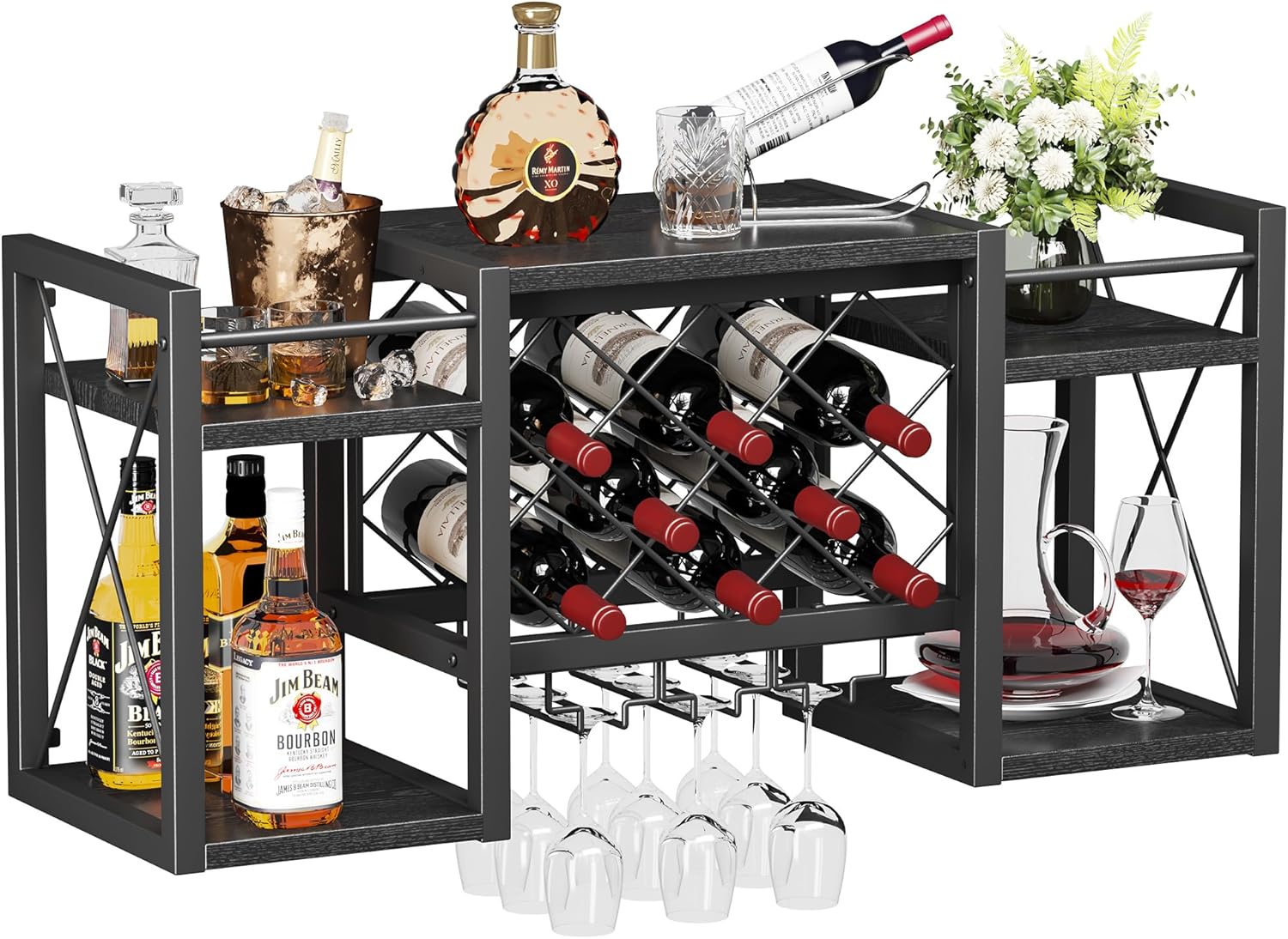 Wall Mounted Wine Rack with Glass Holder, Wood-Metal Retro Bar Shelf, Wine Bottles Display Wall Storage for Kitchen Dining Room Home Bar, Black