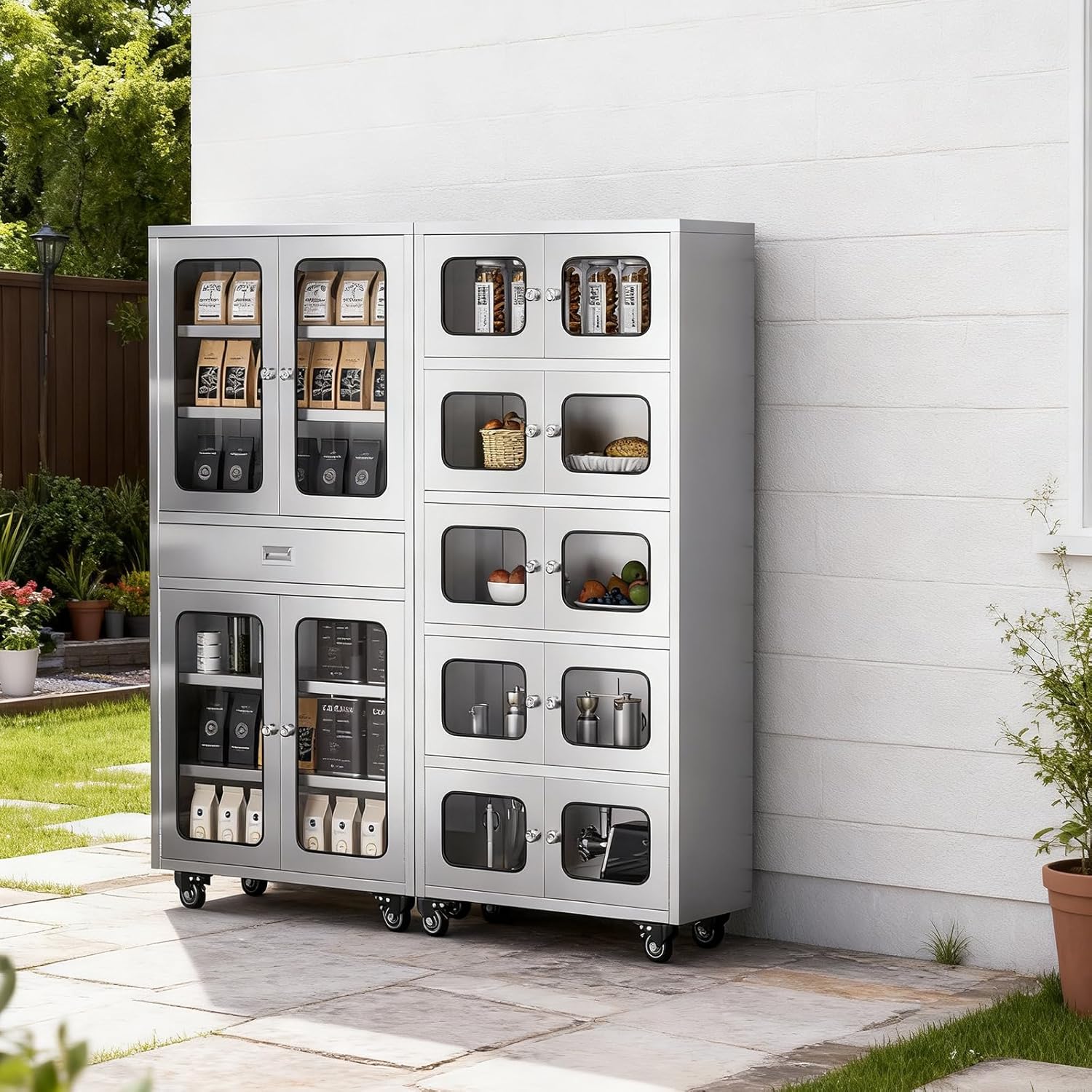 68" Full-Assembled Stainless Steel Cabinet with 1 Drawer and Glass Doors, 6-Tier Rolling Kitchen Pantry Storage Cabinet with Wheels for Garage, Warehouse, Utility Room, Laundry Room, Restaurant, Cafe