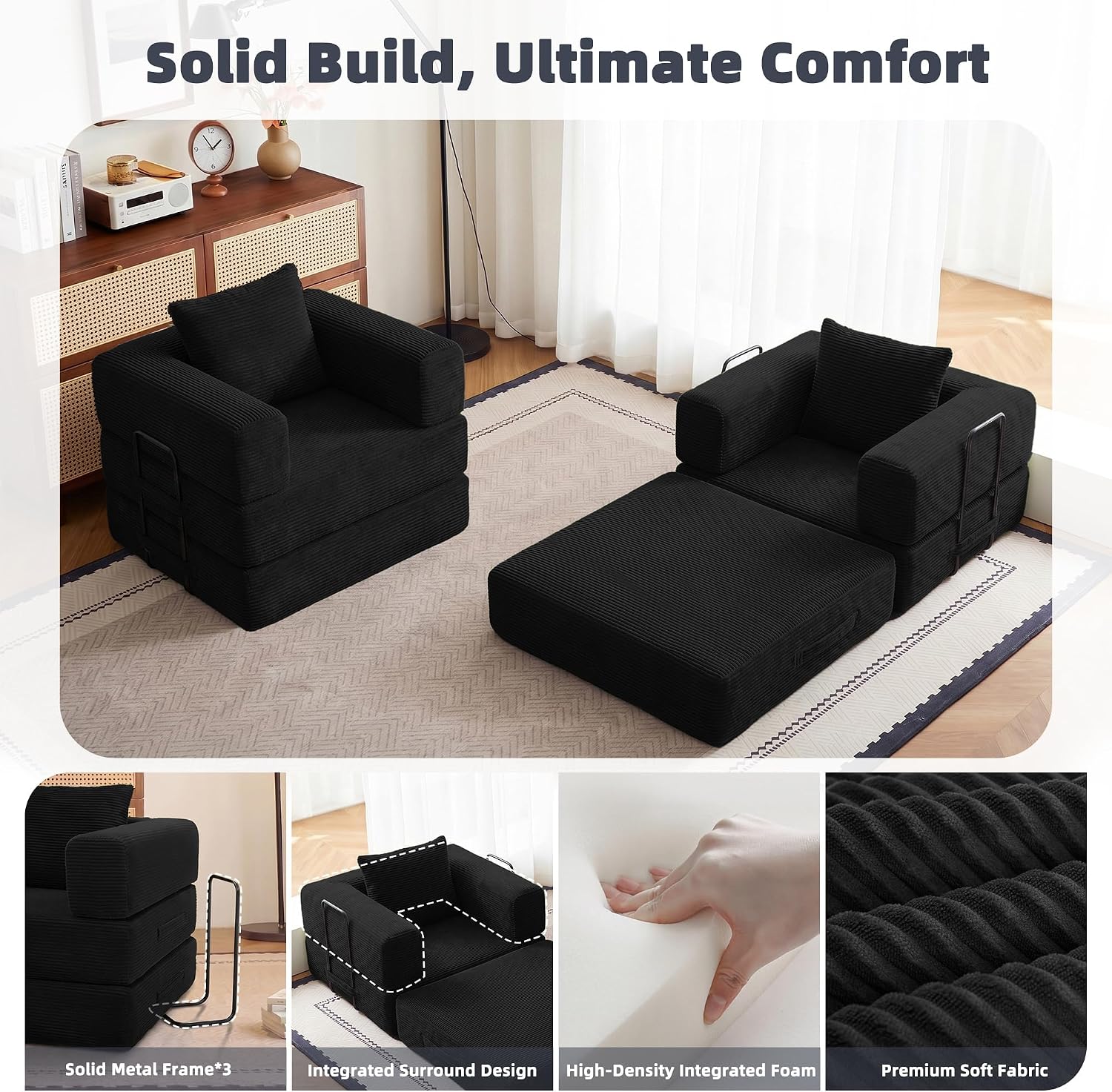 37.4in Convertible Sofa Bed, Corduroy Boneless Couch Bed, Futon Sleeper Sofa Pull Out Bed, Foldable Couch for Living Room Apartment, No Assembly Required
