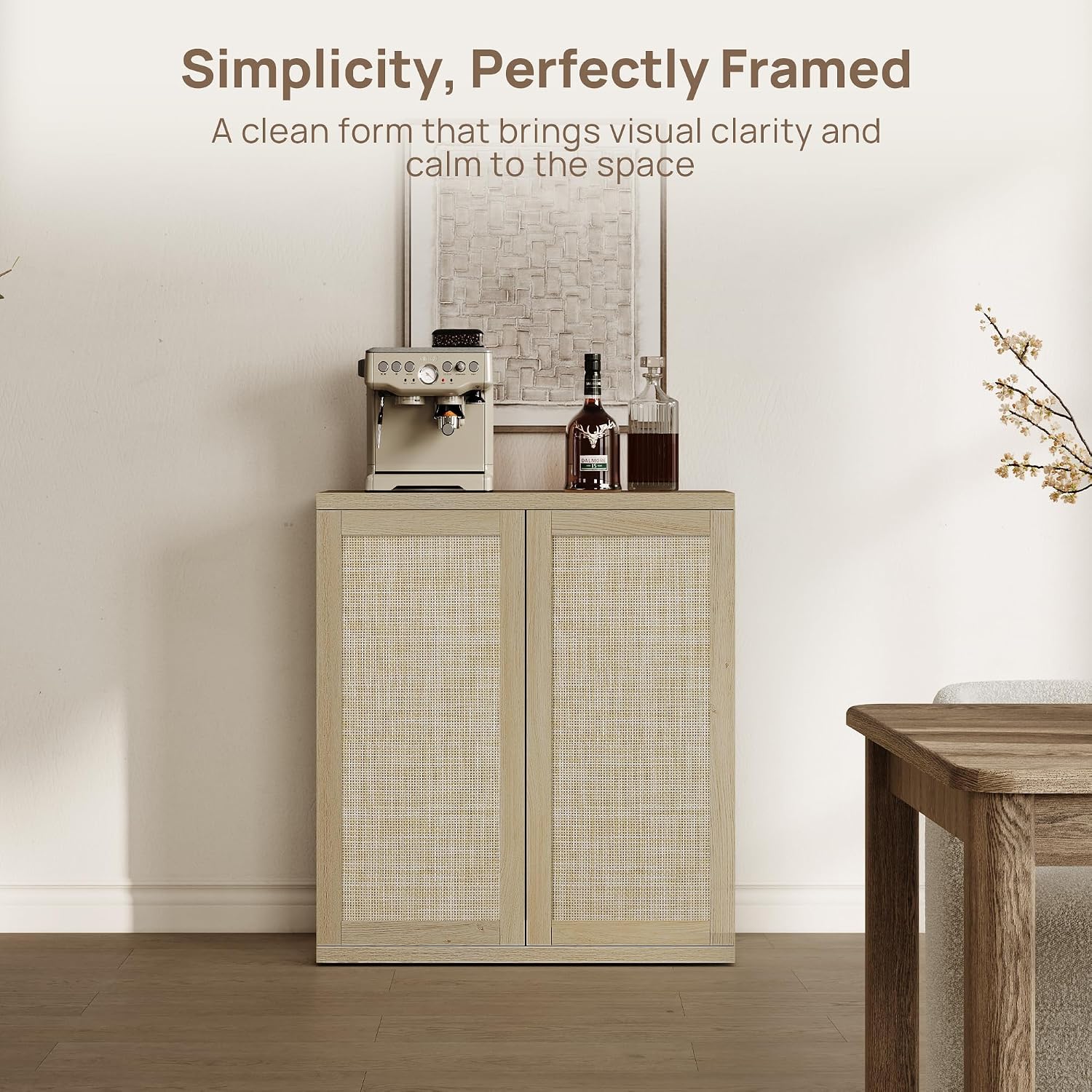 SICOTAS Rattan Sideboard Buffet Storage Cabinet - 2 Pieces Boho Coffee Bar Console Cabinet with Storage & Adjustable Shelves, Farmhouse Large Credenza Stand for Living Room, Hallway, Kitchen