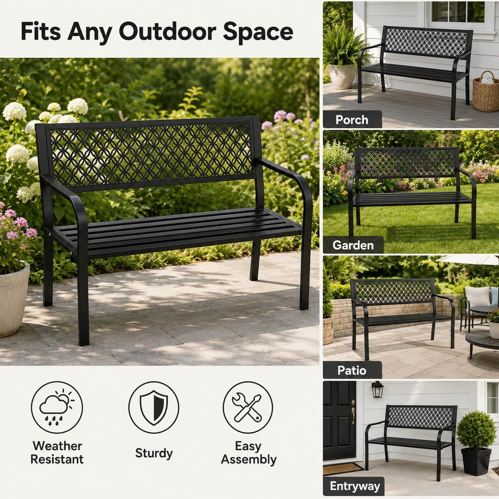 Heavy Duty Black Metal Patio Garden Bench for 2 – Durable Steel, Weather Resistant – Geometric Backrest – Ideal for Garden, Lawn, Yard Seating – Black
