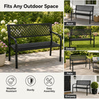 Heavy Duty Black Metal Patio Garden Bench for 2 – Durable Steel, Weather Resistant – Geometric Backrest – Ideal for Garden, Lawn, Yard Seating – Black