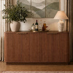 VMU 63" Fluted Sideboard Buffet Cabinet with Storage, Walnut Modern Wood Credenza Media Console with 4 Doors, Mid Century Sideboard for Living Room Kitchen Entryway