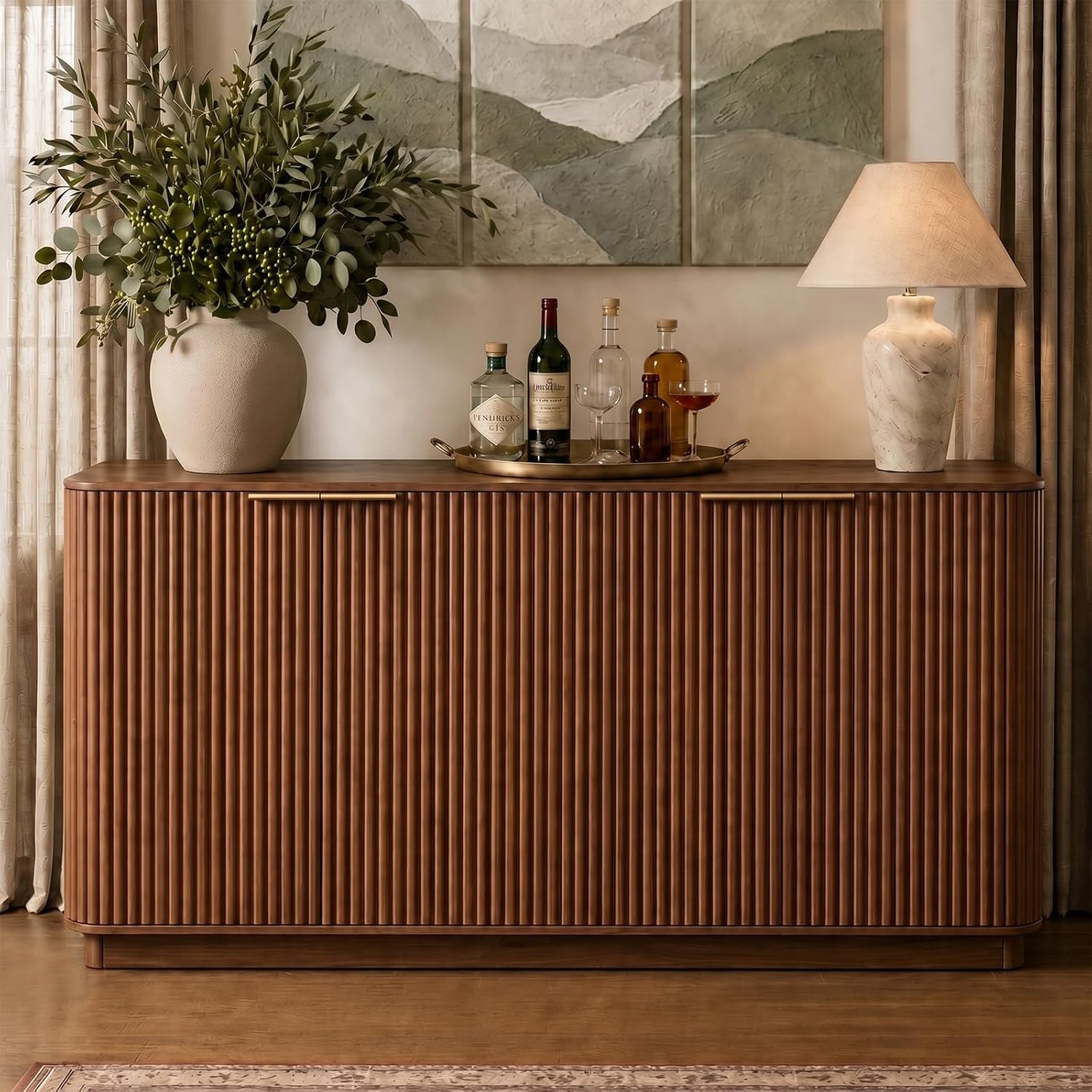 VMU 63" Fluted Sideboard Buffet Cabinet with Storage, Walnut Modern Wood Credenza Media Console with 4 Doors, Mid Century Sideboard for Living Room Kitchen Entryway