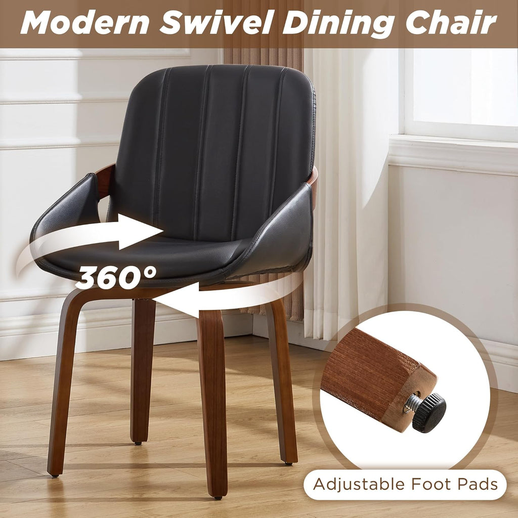 Swivel Black Dining Chairs Set of 4, Mid Century Modern Faux Leather Dining Room Chairs with Arms, Upholstered Kitchen Vanity Accent Chair, Walnut Backrest Support & Sturdy Wood Legs
