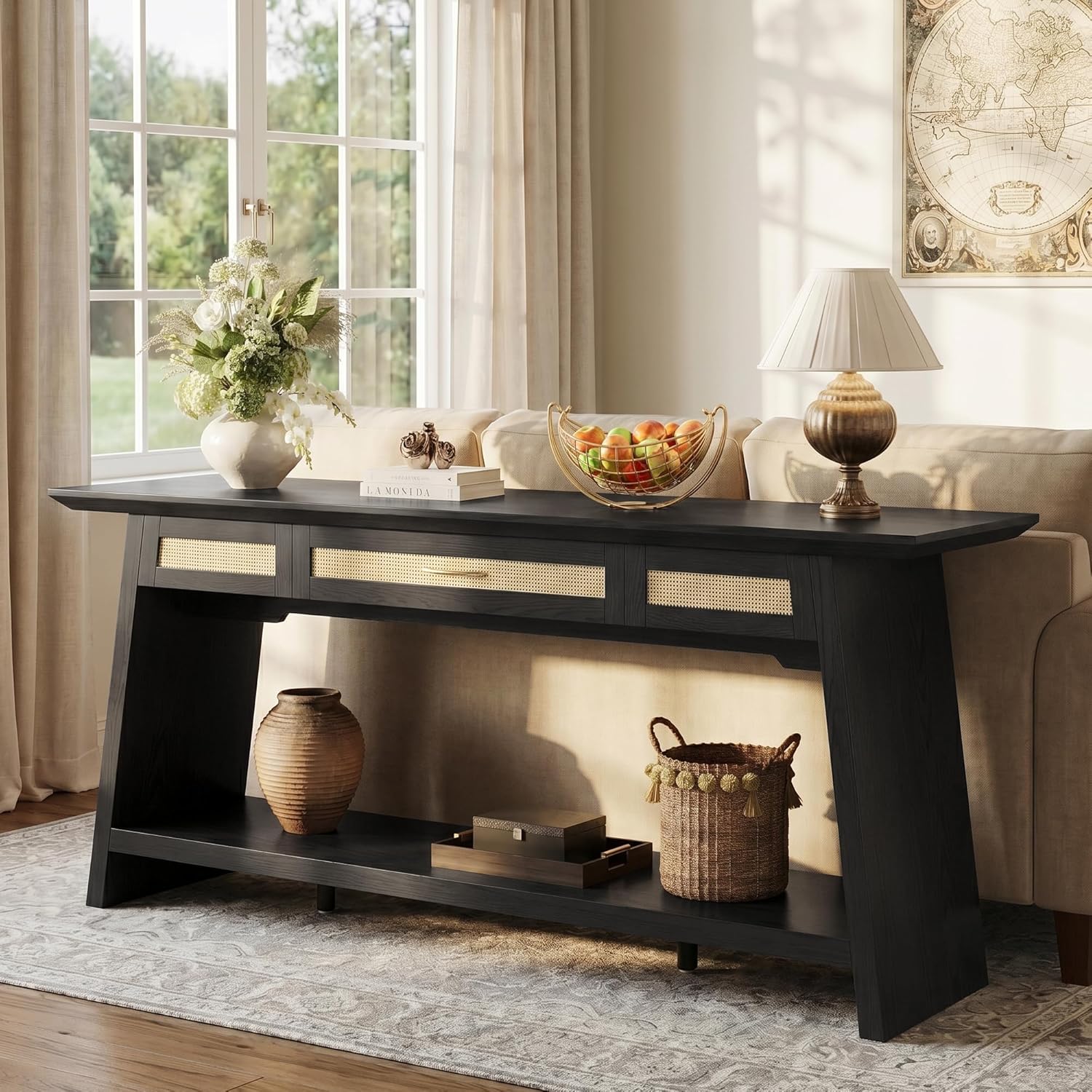 iPormis 70.9 Inches Rattan Entryway Table with Drawer, Narrow Long Console Table Behind Sofa, Modern Entry Accent Hallway Table for Living Room, Behind Couch, Entrance, Black