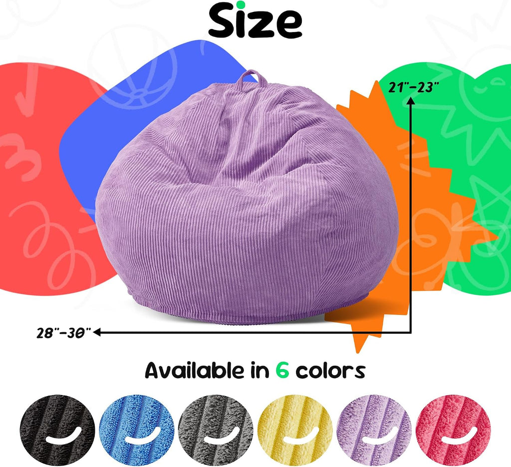 Hobestluk Kids Bean Bag Chair Teardrop Shape with Filling, 2.5FT Purple | Soft Fabric, Corduroy Cover, Removable and Washable, Memory Foam Filler, Portable Handle, Gaming, Relaxing, For Living Room