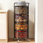 JAQ No Assembly Kitchen Storage Cart with Wheels, 4-Tier Rotating Vegetable & Onion Storage Rack, Metal Produce Organizer for Potato, Fruit and Pantry, Black