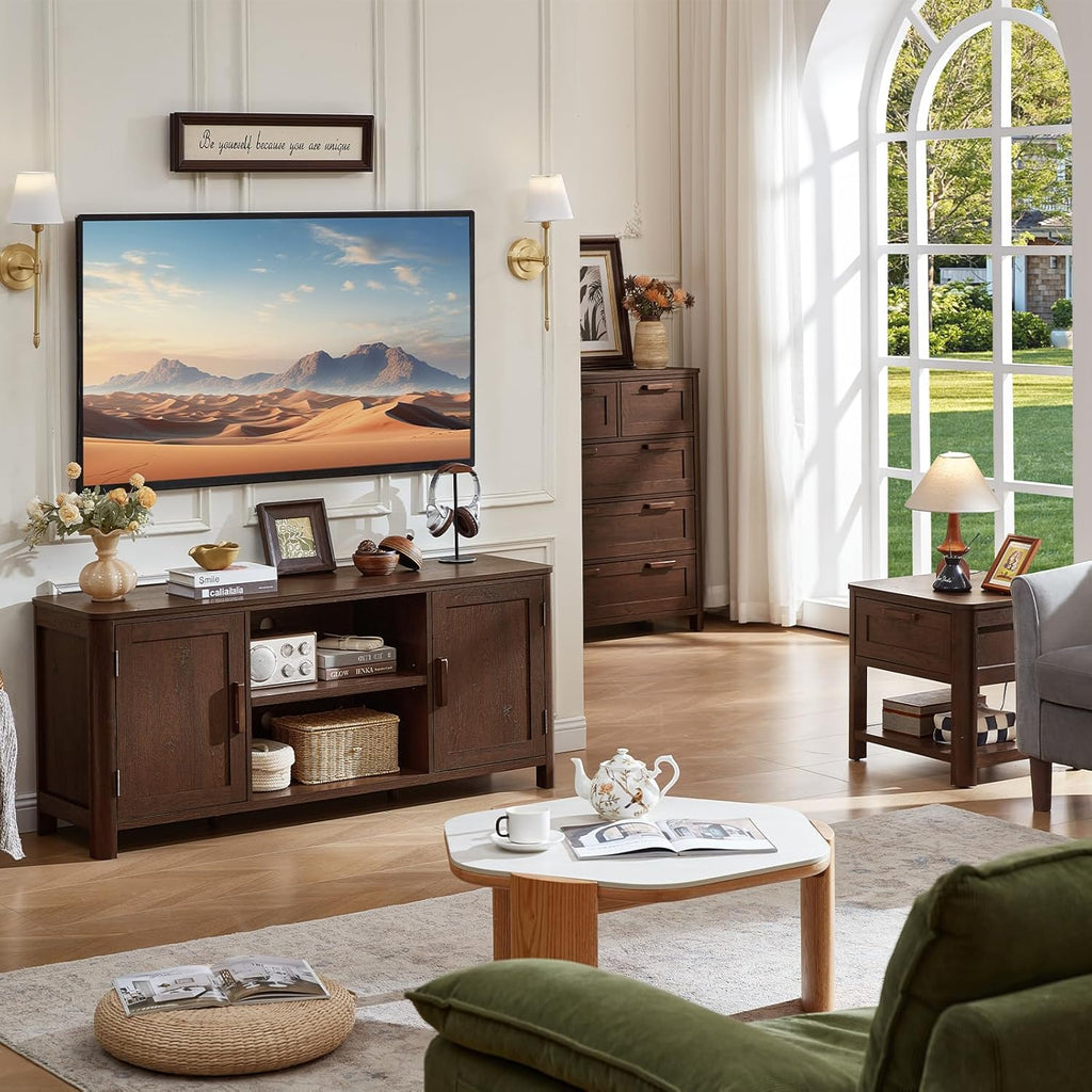 Joaxswe Farmhouse 55" Entertainment Center,Walnut Tv Stand with Adjustable Shelves & 2 Door Storage,Wooden Media Console Cabinet for TVs Up to 65 inches, Rustic Tv Stands for Living Room,Bedroom