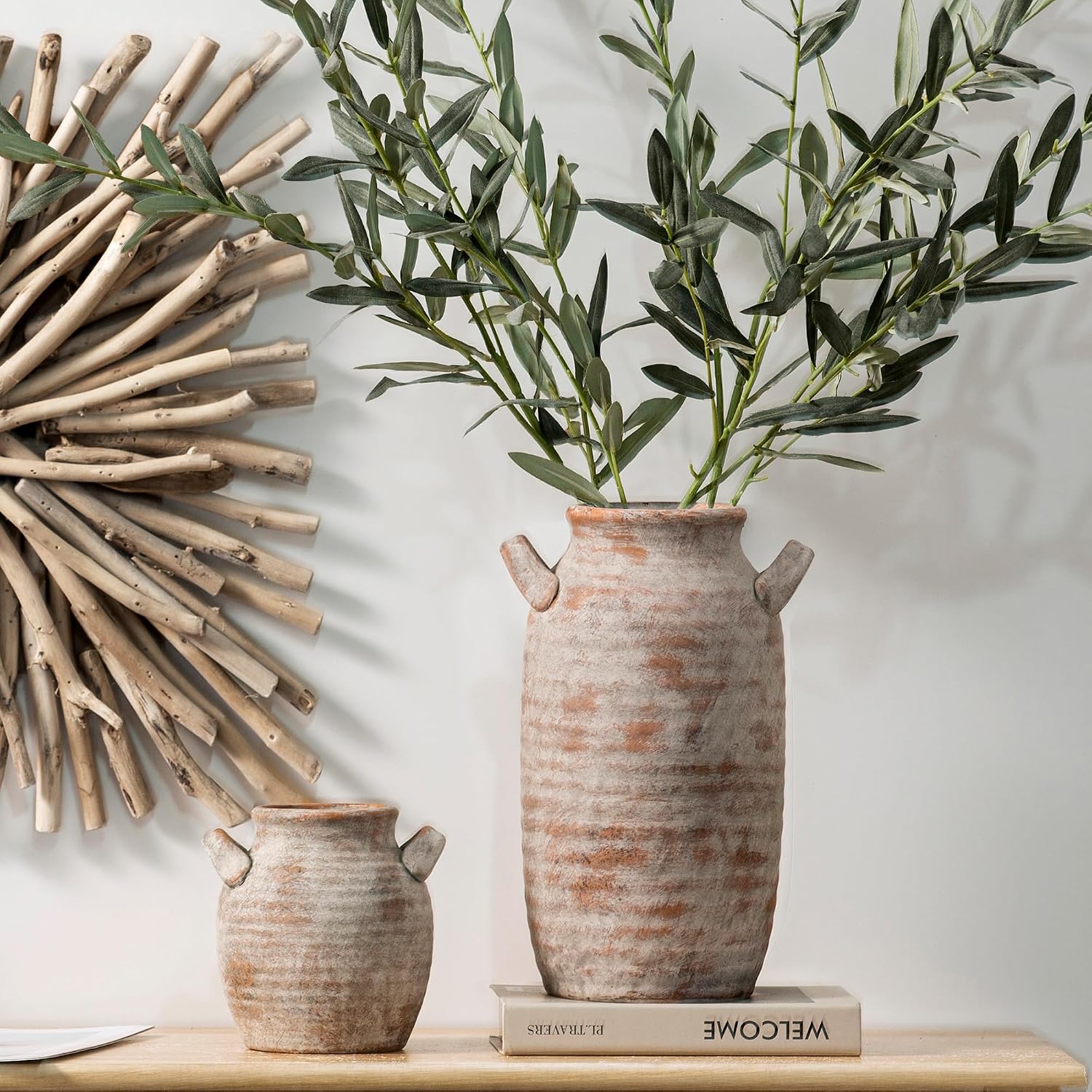 Large Flower Vase Home Decor - Tall Ceramic Farmhouse Rustic Table Vases with Handle Living Room Decoration Decorative Modern Pottery for Floor Kitchen Shelf Coffee Dining Desk Fireplace (12" Retro)