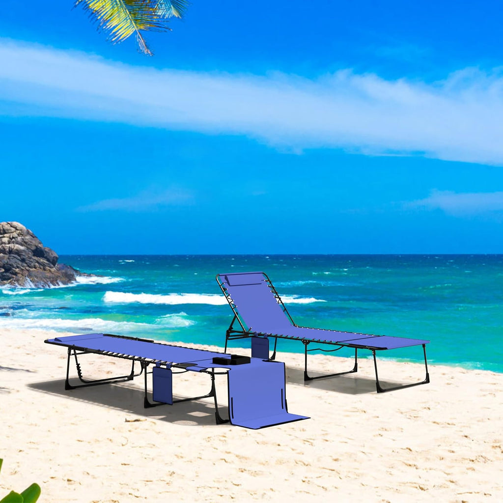 Outdoor Chaise Lounge Chair with Face Hole and Arm Hole, Tanning Chair with 5 Position Adjustable Back, Foldable Lounge Chair with Detachable Pocket and Pillow for Beach, Pool, Blue