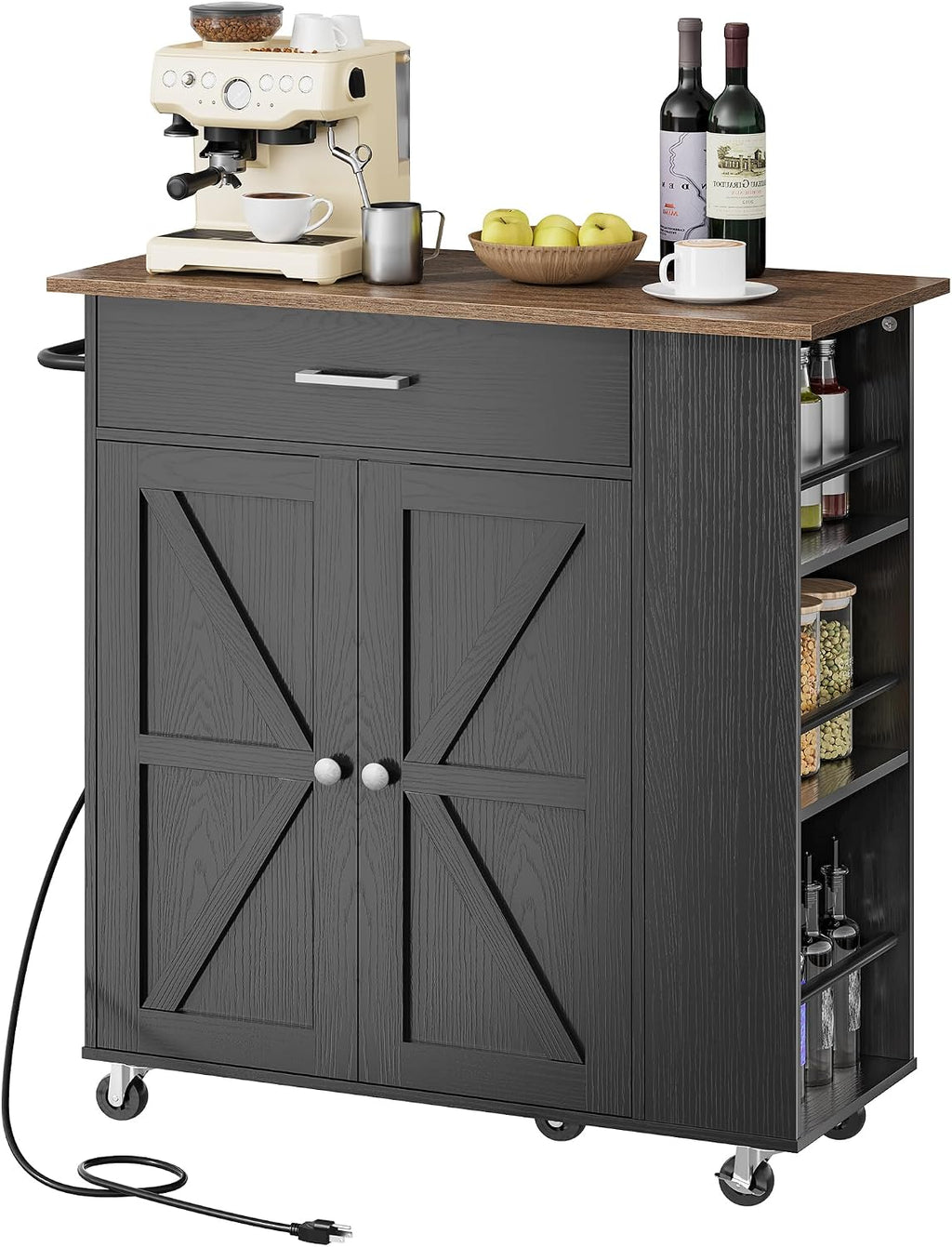 CHOEZON Kitchen Island Cart with Storage, Bar Cart with Charging Station, Kitchen Island on Wheels, Rolling Mobile Table with Cabinet, 3 AC Outlets, Black and Walnut MZD04UBL