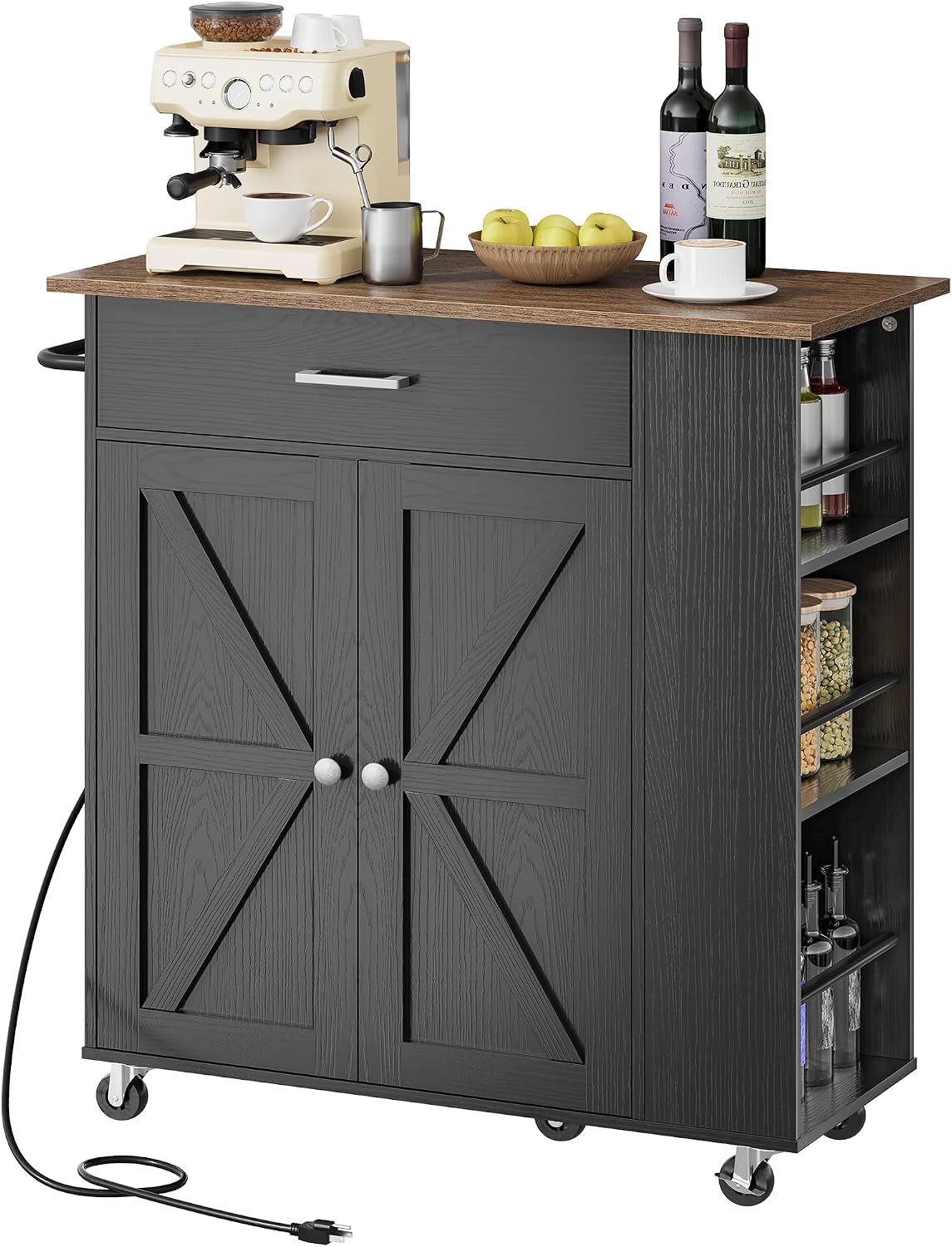 CHOEZON Kitchen Island Cart with Storage, Bar Cart with Charging Station, Kitchen Island on Wheels, Rolling Mobile Table with Cabinet, 3 AC Outlets, Black and Walnut MZD04UBL