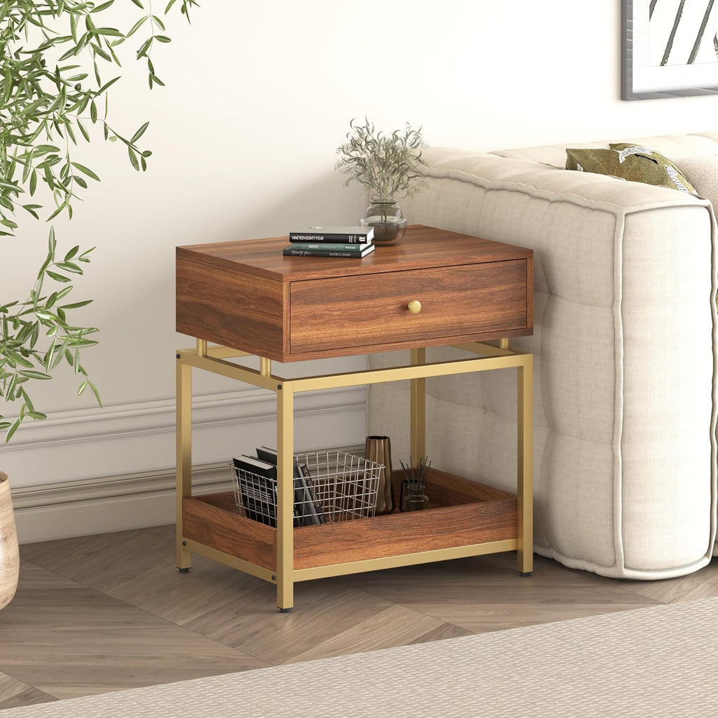 Modern End Table with Drawer and Open Shelf, 2-Tier Nightstand for Living Room,Bedroom or Small Spaces, Sofa Side Table with Metal Frame, Walnut