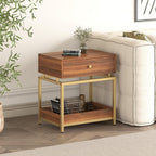 Modern End Table with Drawer and Open Shelf, 2-Tier Nightstand for Living Room,Bedroom or Small Spaces, Sofa Side Table with Metal Frame, Walnut