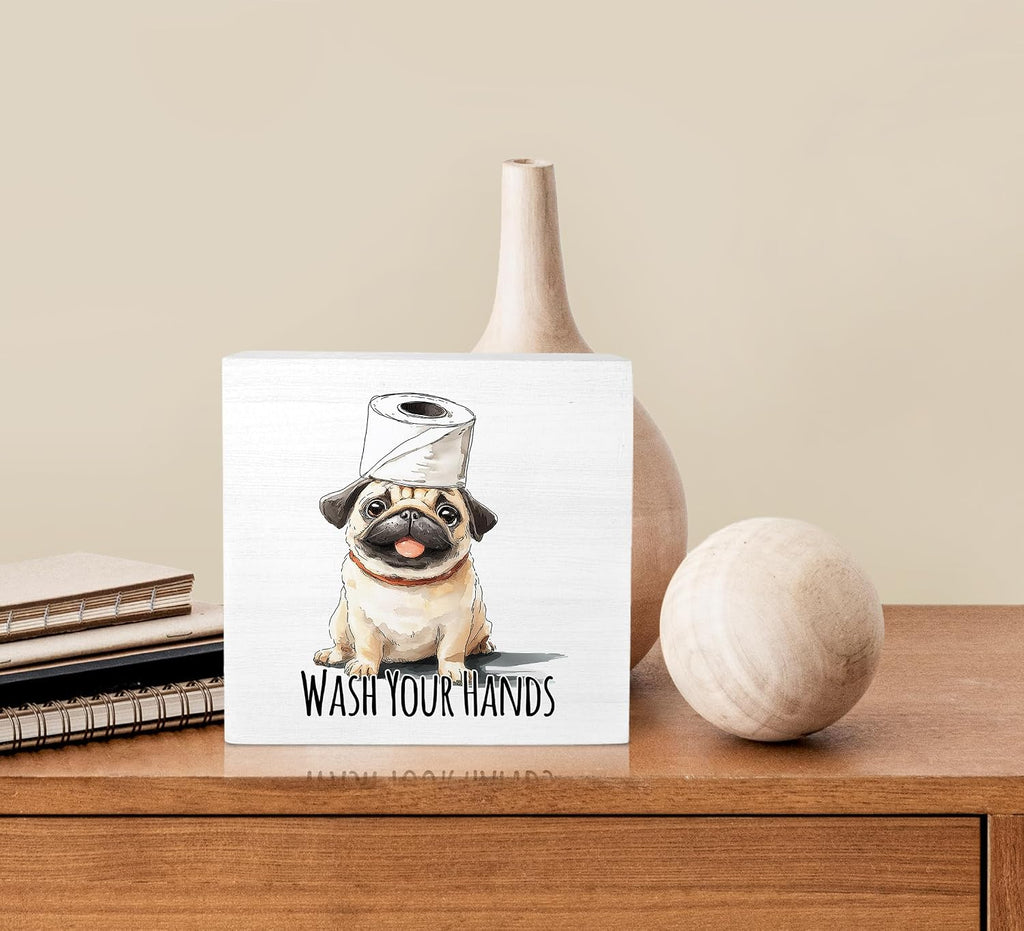KU-DaYi Funny Dog Pug Bathroom Wooden Box Sign, Wash Your Hands Sign Bathroom Decor, Pug Desk Accessories for Dog Lovers Wooden Block Plaque Desk Shelf Decor 5x5 Inch
