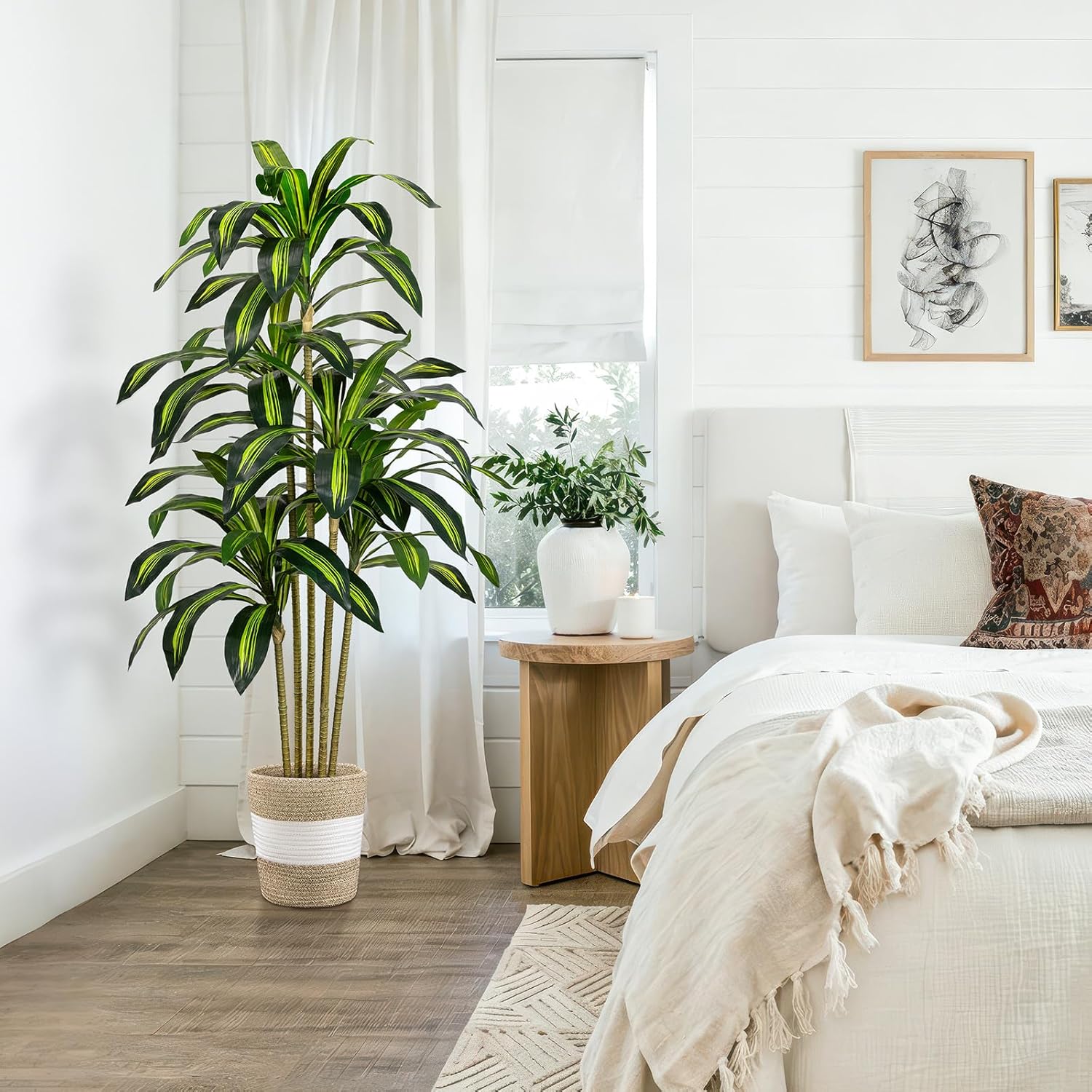 5FT Artificial Dracaena Tree - Tall Faux Dracaena with White Planter, Artificial Plants Indoor, Fake Plant Build Boho-Chic Basket, Fake Tree for Outdoor Home Office Decor