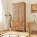 Rattan Pantry Cabinet, 64 Inch Tall Kitchen Storage Cabinet with 2 Adjustable Shelves, 2 Drawers, Large Wooden Food Cupboard for Living Room, Dining Room, Light Brown