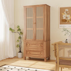 Rattan Pantry Cabinet, 64 Inch Tall Kitchen Storage Cabinet with 2 Adjustable Shelves, 2 Drawers, Large Wooden Food Cupboard for Living Room, Dining Room, Light Brown