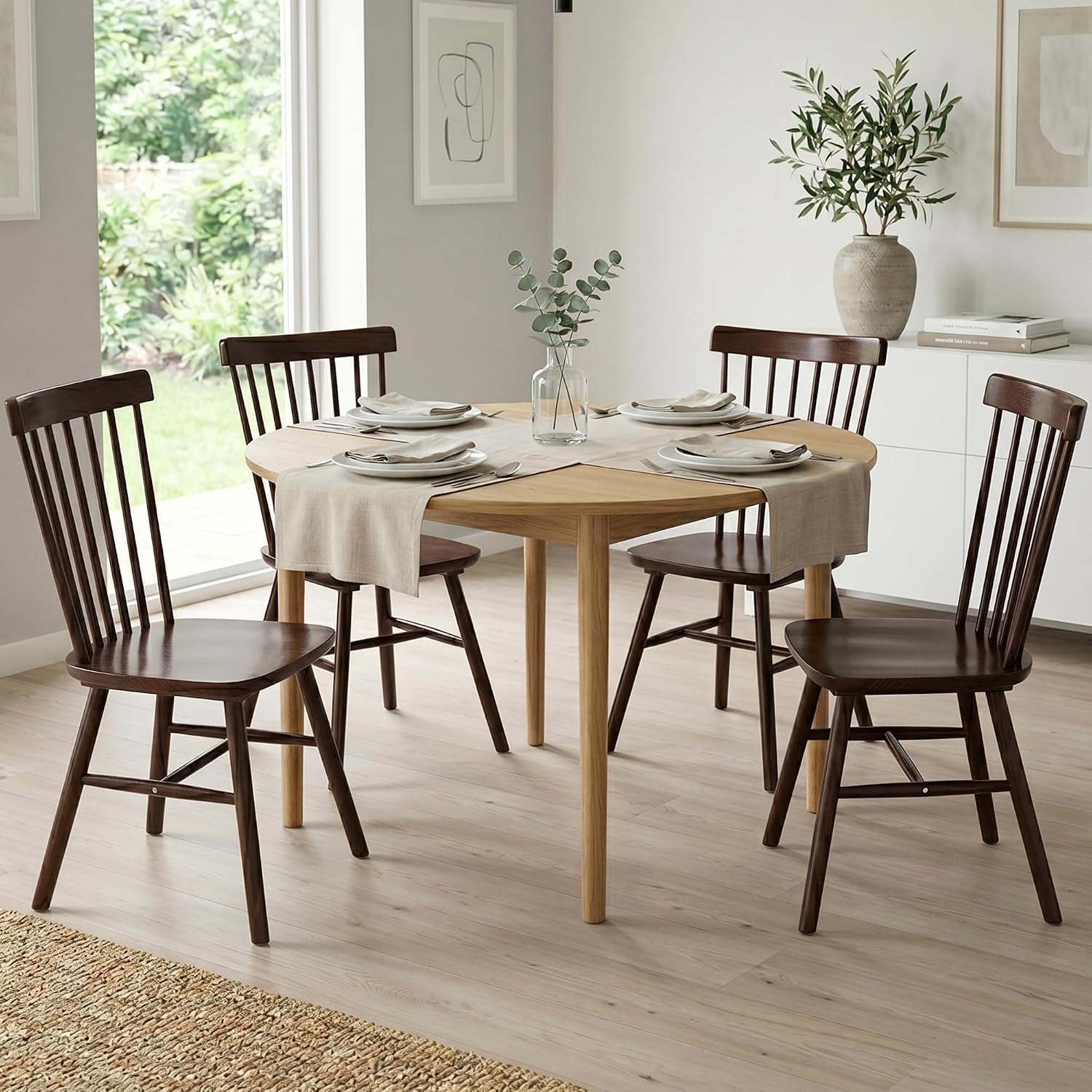 AreShark Windsor Dining Chairs, Farmhouse Wooden Dining Room Chairs, Solid Wood Kitchen Chairs with Spindle Back Set of 4, Brown