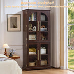 Joaxswe 72" Tall Bookshelf with 4 Curved Glass Doors, Farmhouse Bookcase with 3-Tier Adjustable Shelves, Modern Living Room Display Cabinet, Large Storage Cabinet for Home Office,Dining Room, Walnut
