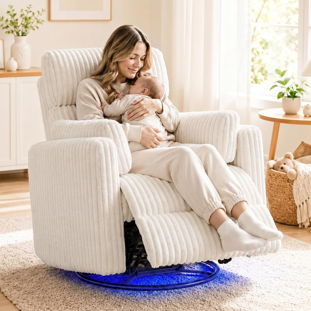 IPKIG Power Swivel Recliner Nursery Rocking Glider Chairs, Corduroy, Beige | LED Light, USB & Type-C Ports, and Cup Holder – Electric Rocking Reclining Chair for Baby Nursing, Living Room, and Bedroom
