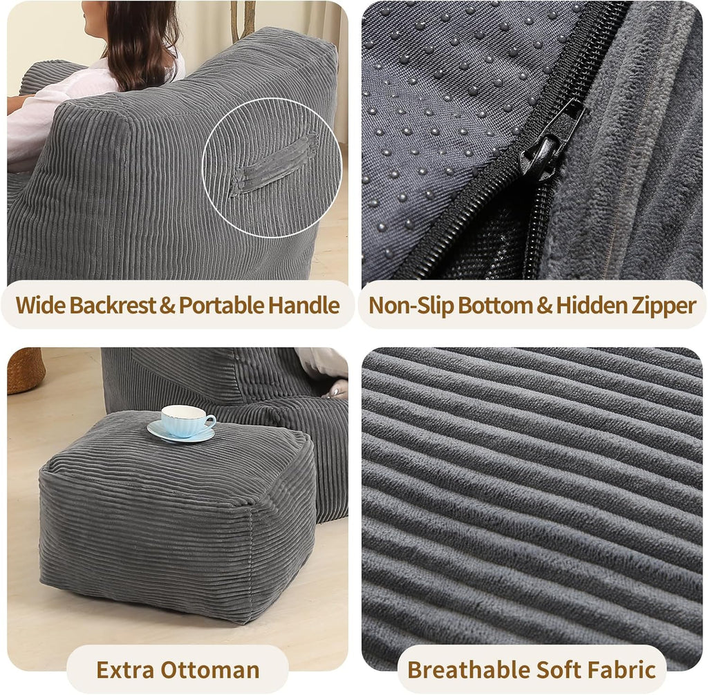 MOMCAYWEX Comfy Gaint Bean Bag Chair with Ottoman, Huge Bean Bag Armchair for Adults and Teens, Dark Grey